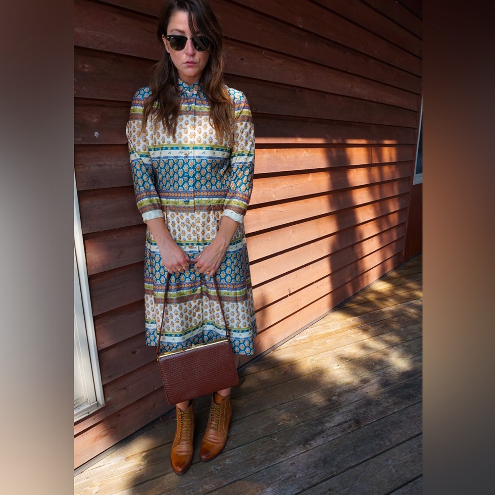Vintage Floral and Stripe Beige and Teal Shirtdress - Picture 3 of 7